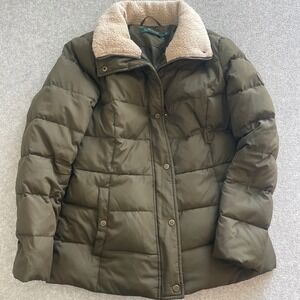 Lauren Ralph Lauren Womens Olive Green Sherpa Collar Down Puffer Jacket Small